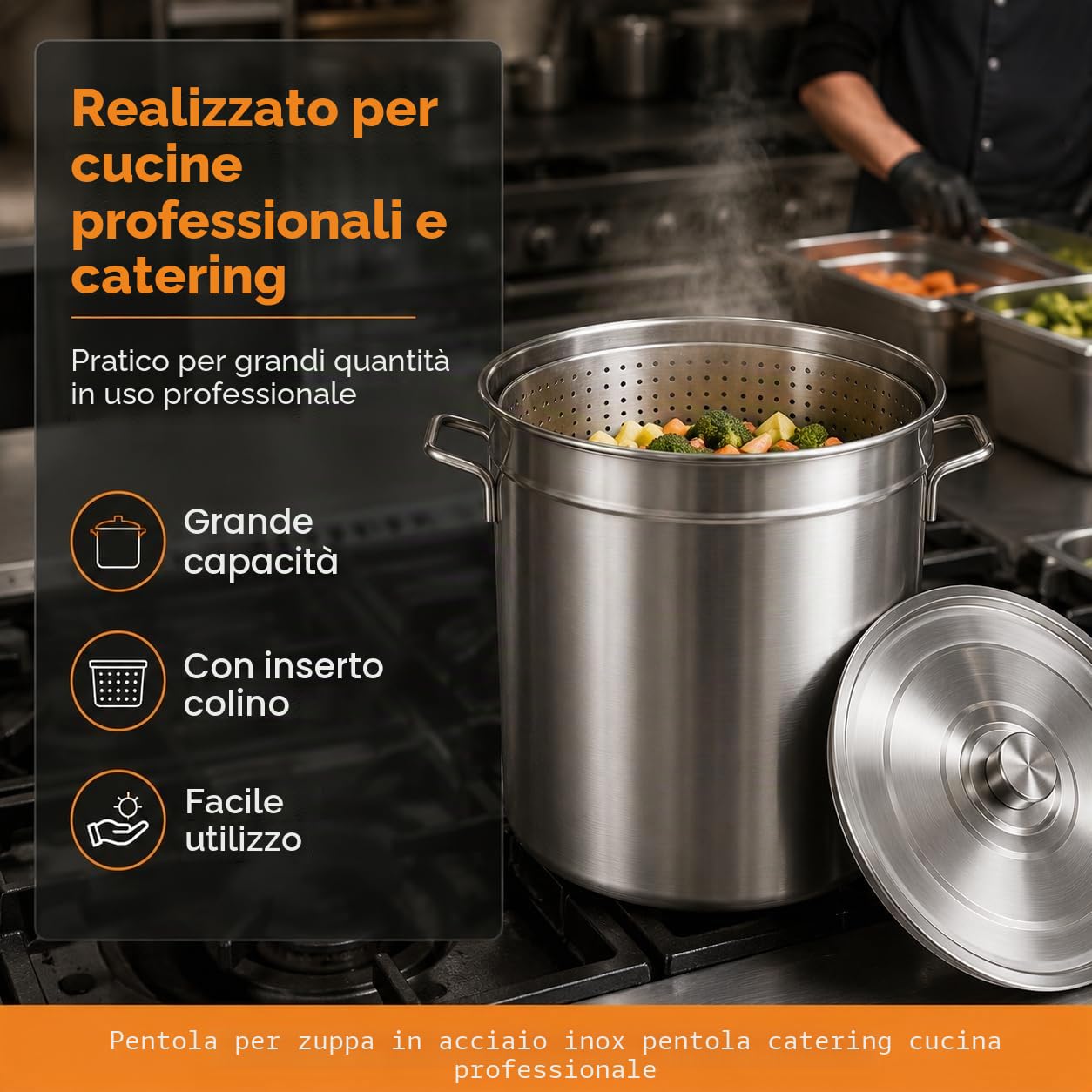 Pentola da 100 l, con coperchio e cesto, in acciaio inox, con cestello