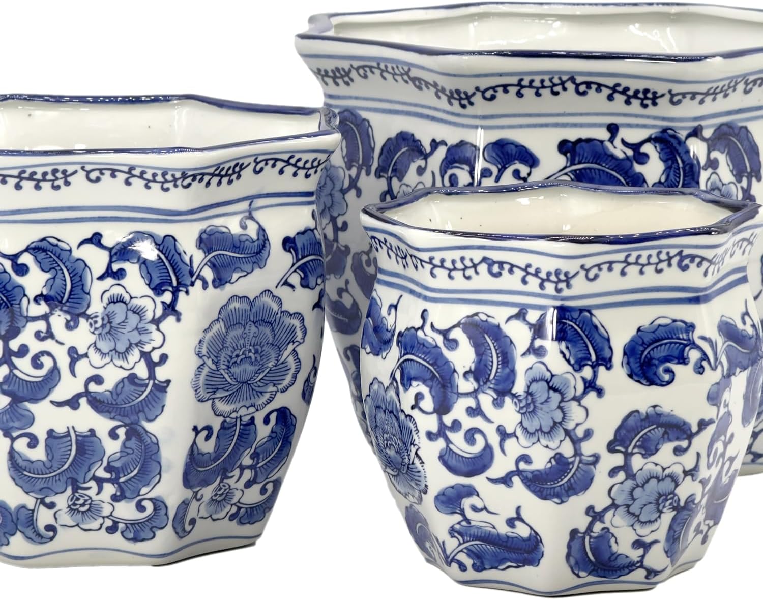 Galt International Blue & White Round Fluted Classic Floral Porcelain Ceramic Plant Flower Planter Pot Set of 3 (7.5", 10", 13") Garden Pots Chinese Asian Design