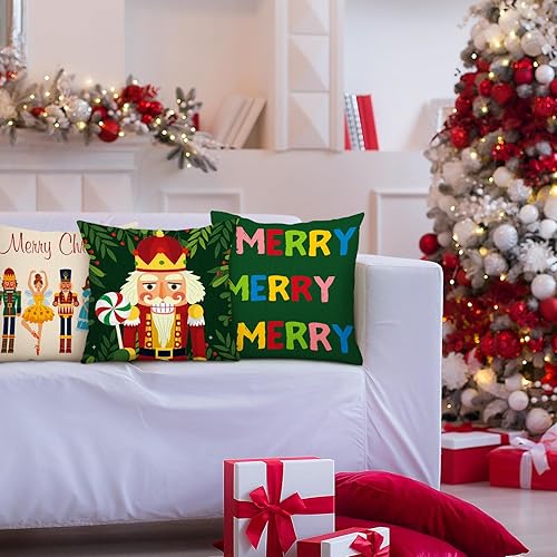 Miniatura 7 de Tatuo 6 fundas de almohada de cascanueces de Papá Noel de Navidad, decoración de cojín de Papá Noel, 18 x 18 pulgadas, decoración navideña para