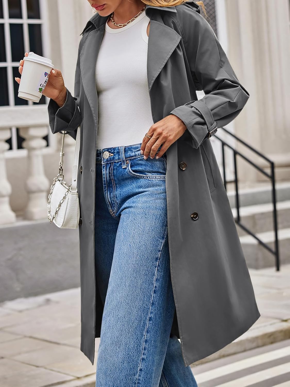 Tankaneo Womens Long Trench Coat Double Breasted Notch Lapel Lightweight Oversized Windproof Fall Overcoat with Belt - Image 3