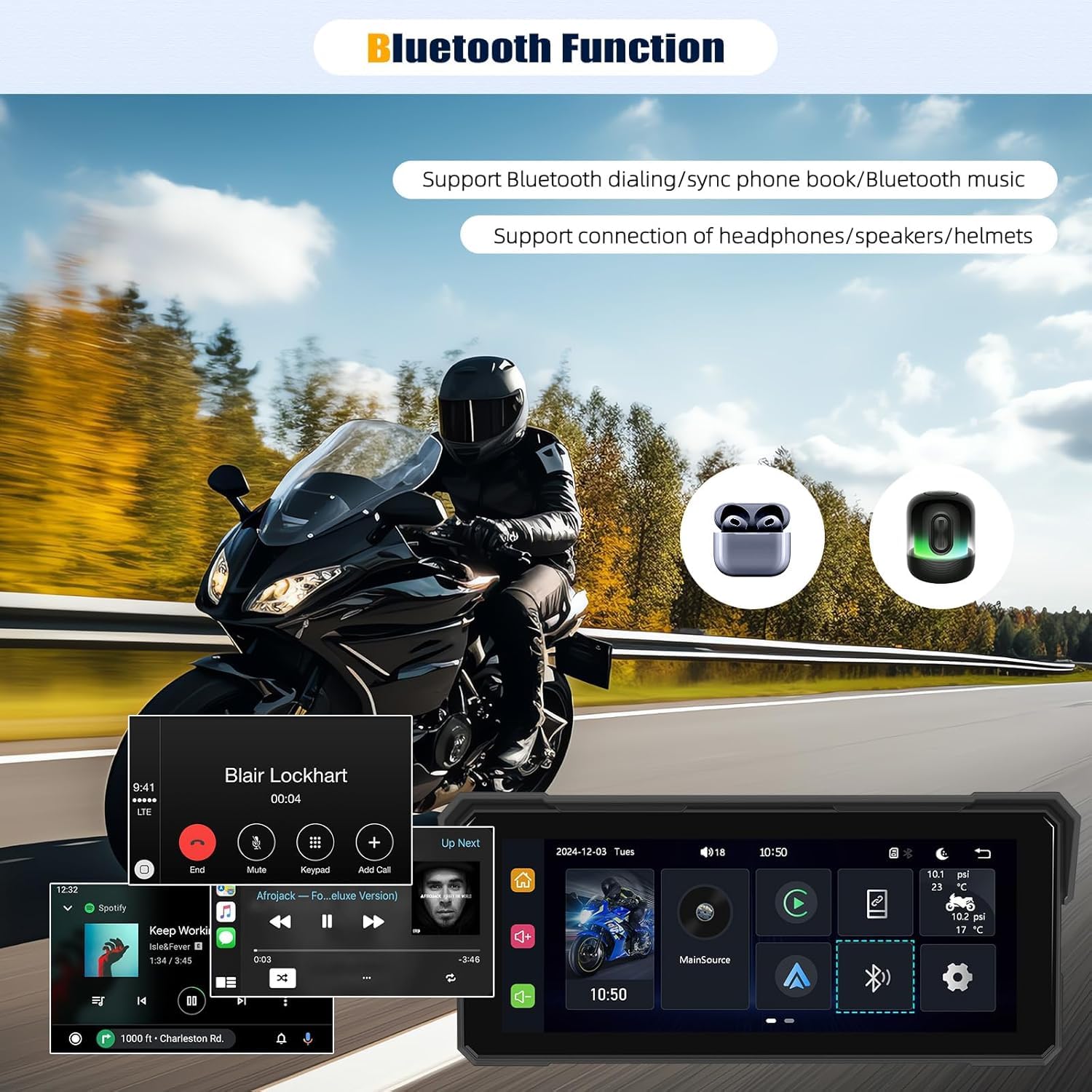 SIXTOP Écran Carplay pour Moto, CarPlay et Android Auto sans Fil pour Moto, Écran Tactile Étanche de 8,1 Pouces, Audio Bluetooth, Navigation GPS, Égaliseur, Siri