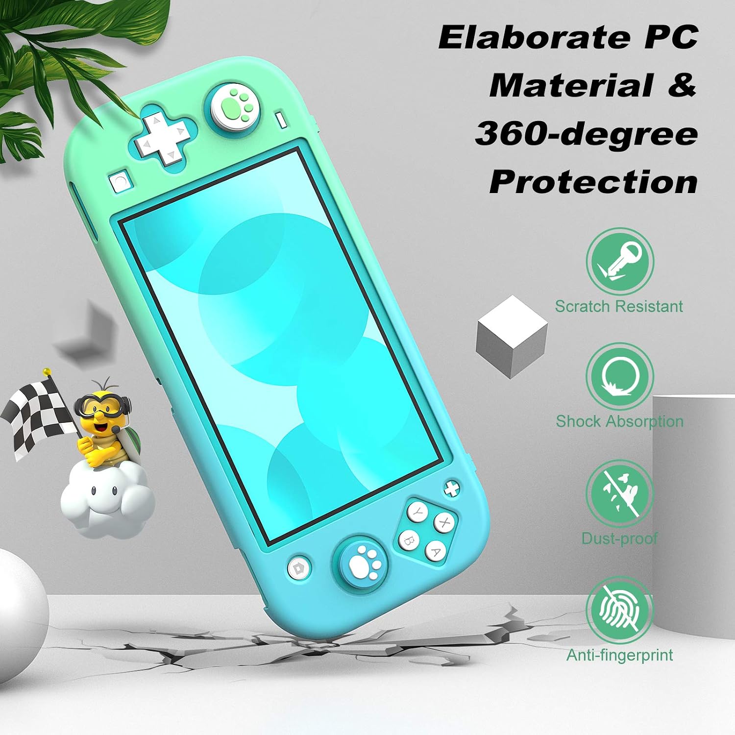 MoKo Protective Case Compatible with Nintendo Switch Lite, PC Protective Case Cover with 4 Thumb Grip Caps & 2 HD-Clear Tempered Glass Screen Protectors, Anti-Scratch Non-Slip Case, Blue + Green