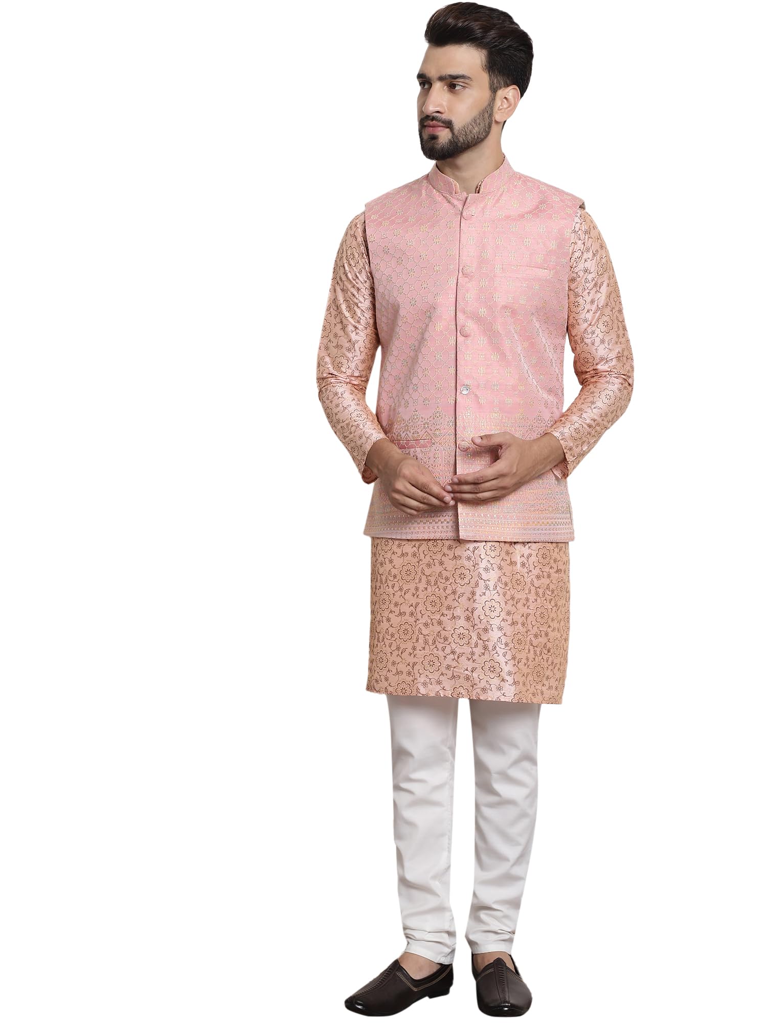 Sojanya (Since 1958 Men's Silk Blend Print Pink Kurta And Off-White Pyjama With Pink Nehrujacket