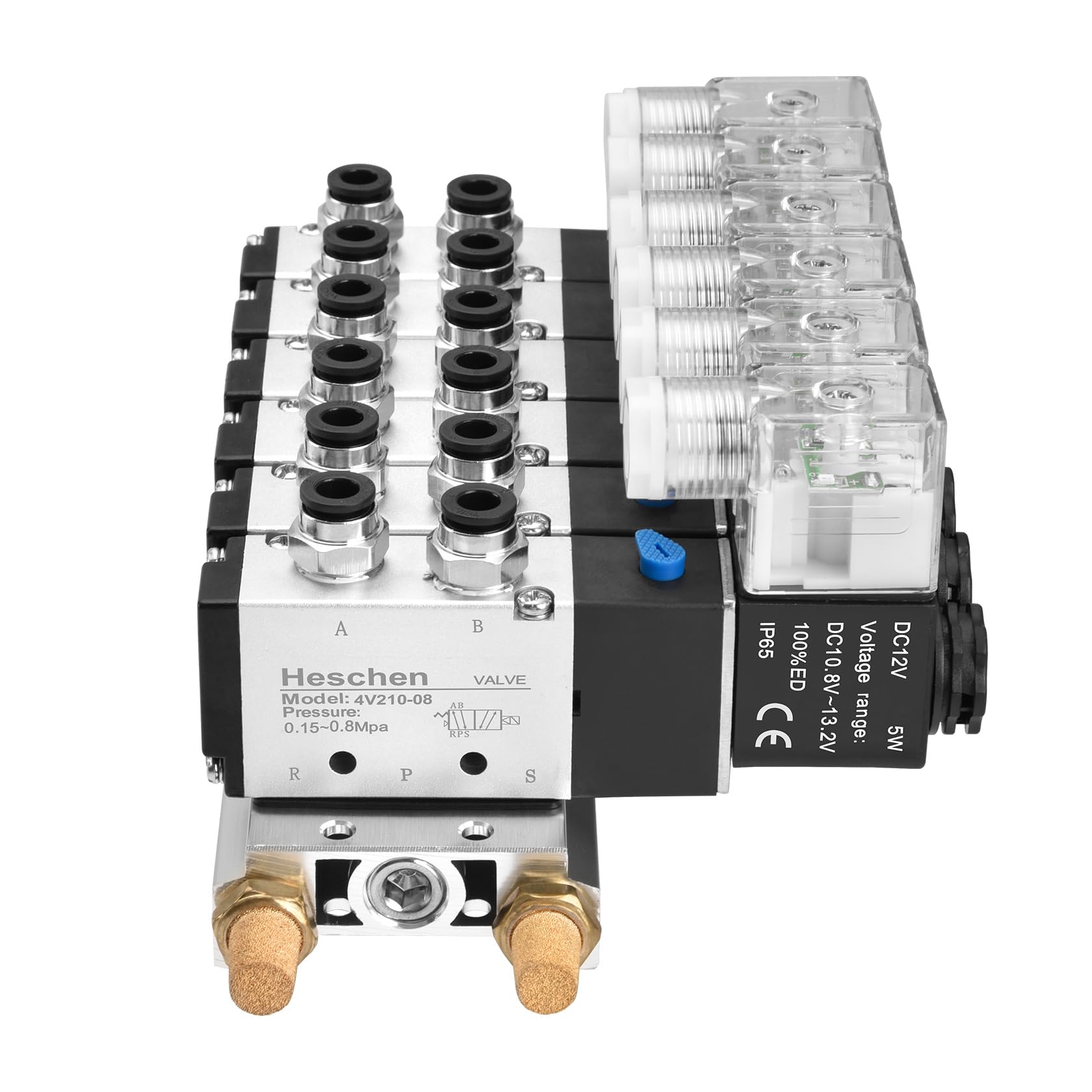 Heschen Electroválvula Neumática Eléctrica 6 Electroválvula 4V210-08, Bobina DC12V, Puerto PT1/4", 5 vías 2 posiciones, Base del Colector Silencioso, Conjunto de Conexiones Rápidas