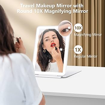 LUKYMIRO Rechargeable Travel Makeup Mirror With Lights, Portable Lighted Vanity Mirror With 10X Magnification, 70 LEDs 3 Color Lights, Touch Tabletop Folding Compact Cosmetic Mirror White
