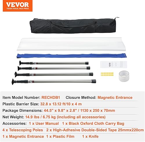 Miniatura 7 de VEVOR RECHDB1 10, sistema de barrera contra el polvo con 4 postes telescópicos, cremallera magnética, bolsa de transporte y película de plástico de