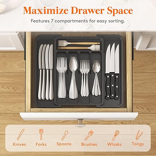Miniatura 5 de Lifewit Organizador de cajones de cubiertos, bandeja expandible sin BPA para cocina, cubiertos ajustable y soporte para cubiertos para cucharas,