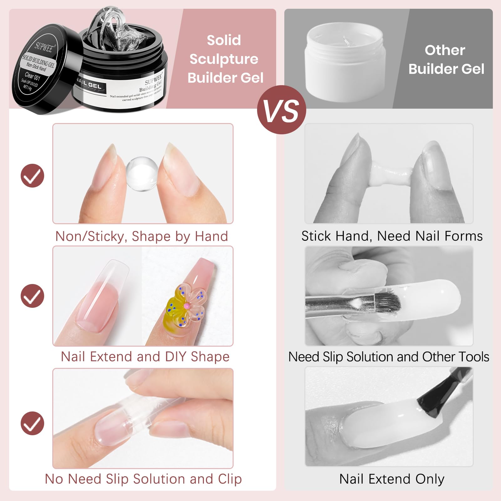 SUPWEE Fester Builder żel do paznokci Non-Stick Hand 3D Rzeźba żel przezroczysty nagi solidny Nail Art rzeźbienie wzorów, wytłaczanie twarde do paznokci Mnikure