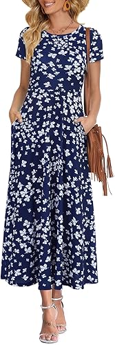 Miniatura 3 de Zaberry - Vestidos largos, de manga corta, con cuello redondo, estilo informal, de verano, holgado y con bolsillos para mujer