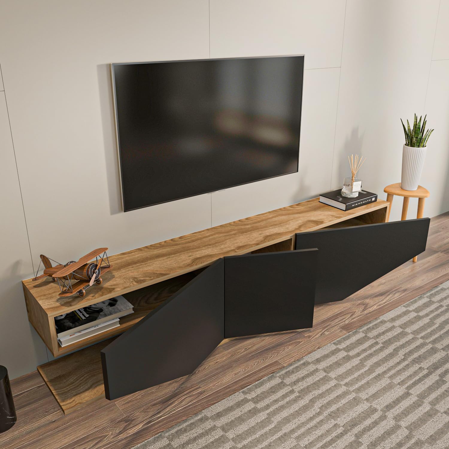 DECOROTIKA Meuble TV 180 cm Moderne avec Rangement et Portes – Noir et Chêne