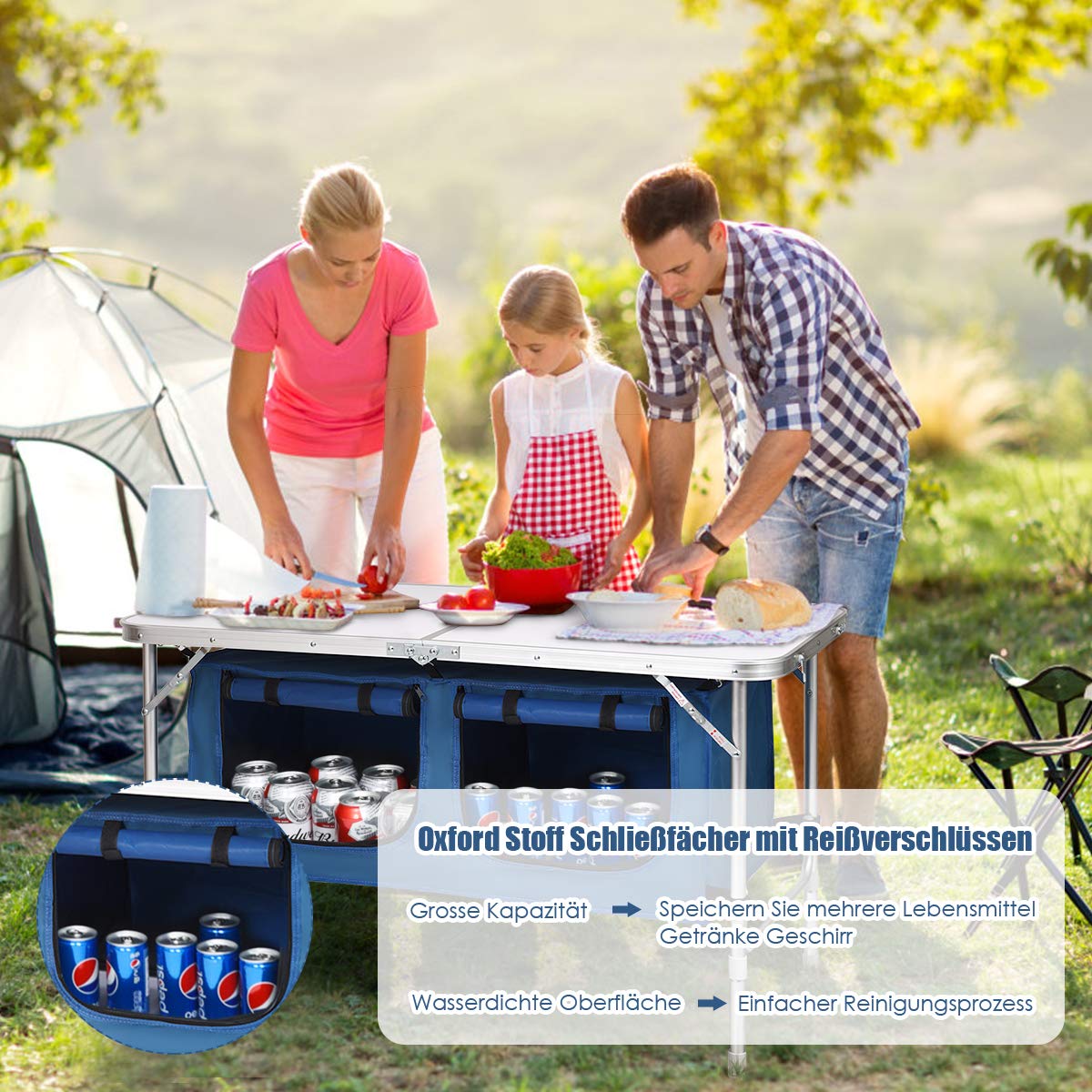 COSTWAY Campingküche mit großem Stauraum, Reiseküche Klapptisch Alu Höhenverstellbar von 53-70cm, Gartentisch Picknicktisch Campingschrank