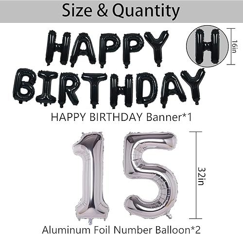 Miniatura 5 de Decoraciones de fiesta de cumpleaños de color negro y plateado para niños y niñas, suministros de fiesta de cumpleaños número 15 con pancarta negra