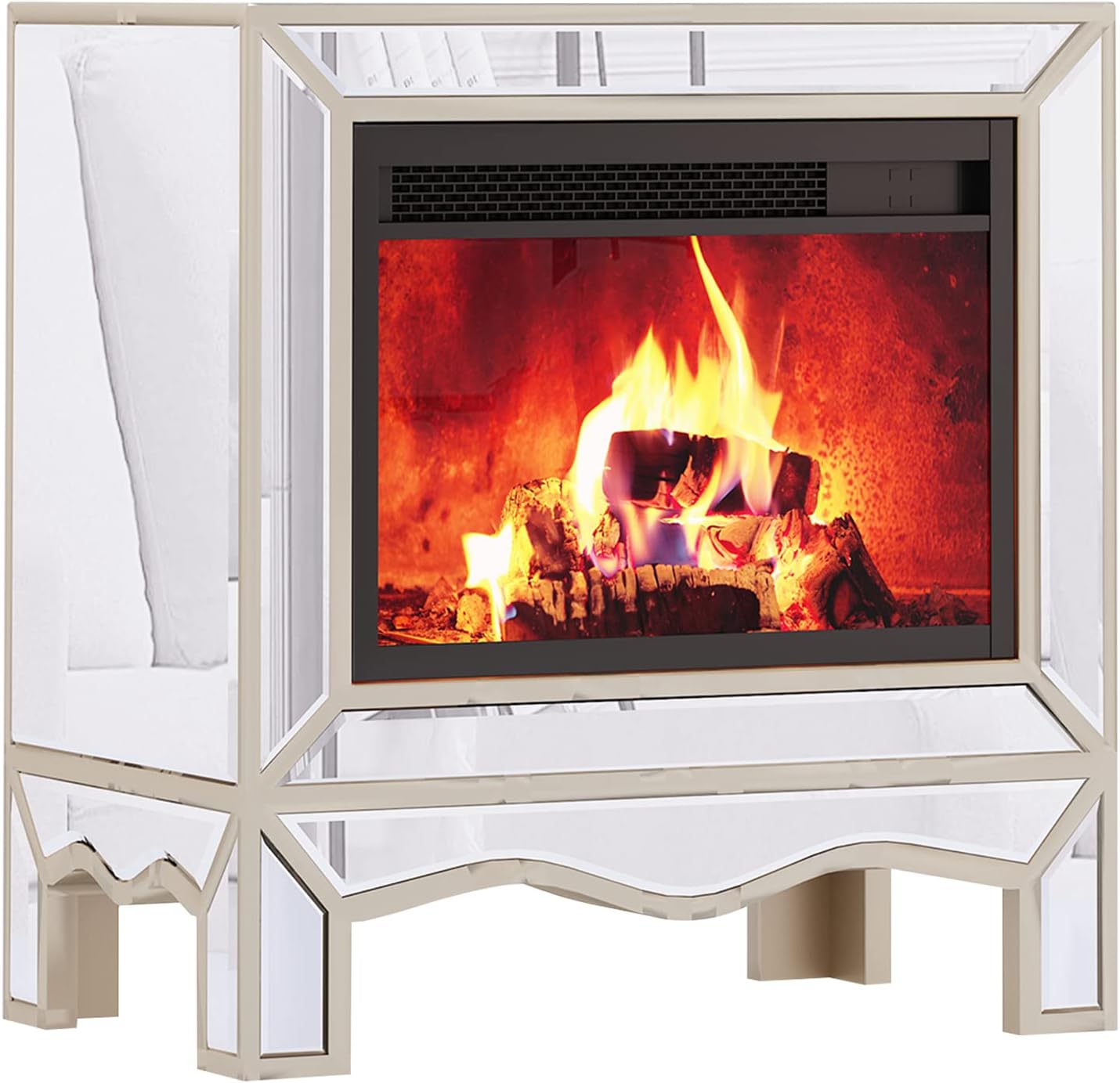 Mirrored Fireplace with Crystal Diamond Inlay, Realistic
