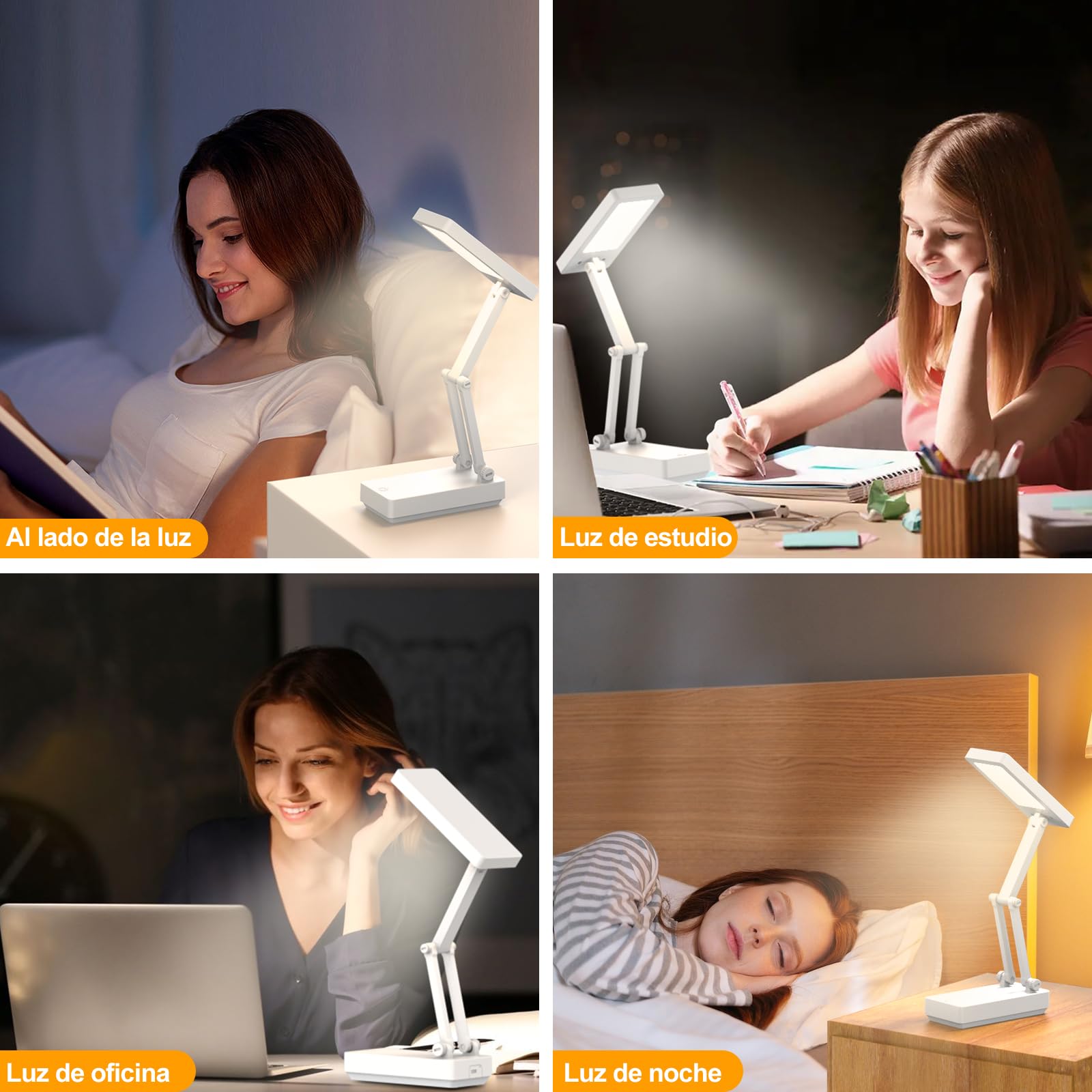 Lámpara Escritorio LED, Flexo Lámpara Táctiles Plegables, Lamparas sin Cables Noche,Luz de Mesa con Pilas de 2400 mAh, 3 Modos,Luz de Escritorio Recargable para Dormitorio, Lectura, Estudio