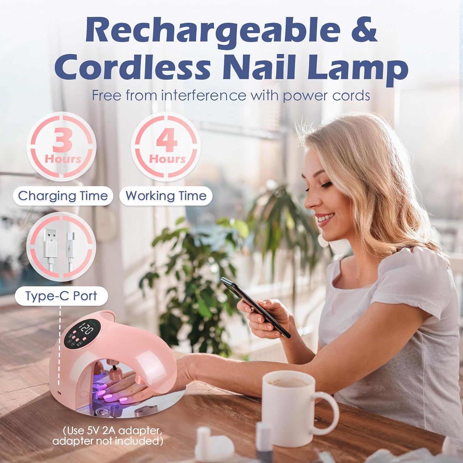Rechargeable Nail Lamp for Gel Polish: Cordless 5 Single Fingers UV Nail Lamp to Protect Hand Skin, Professional UV LED Nail Light for Gel Nails, Suitable for Home & Nail Salon Use, Pink