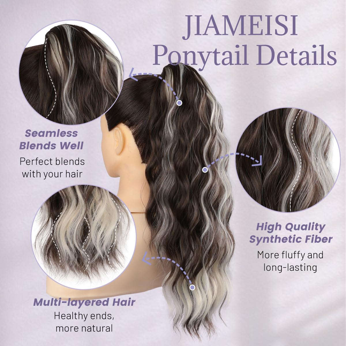 JIAMEISI Ponytail Extension 18 Inch Claw Clip Ponytail Hair Extensions Long Curly Wavy Jaw Clip in Pony Tails Extension Synthetic Hairpiece for Women Daily Use Party (Ash Brown with Platinum Blonde) - Image 3