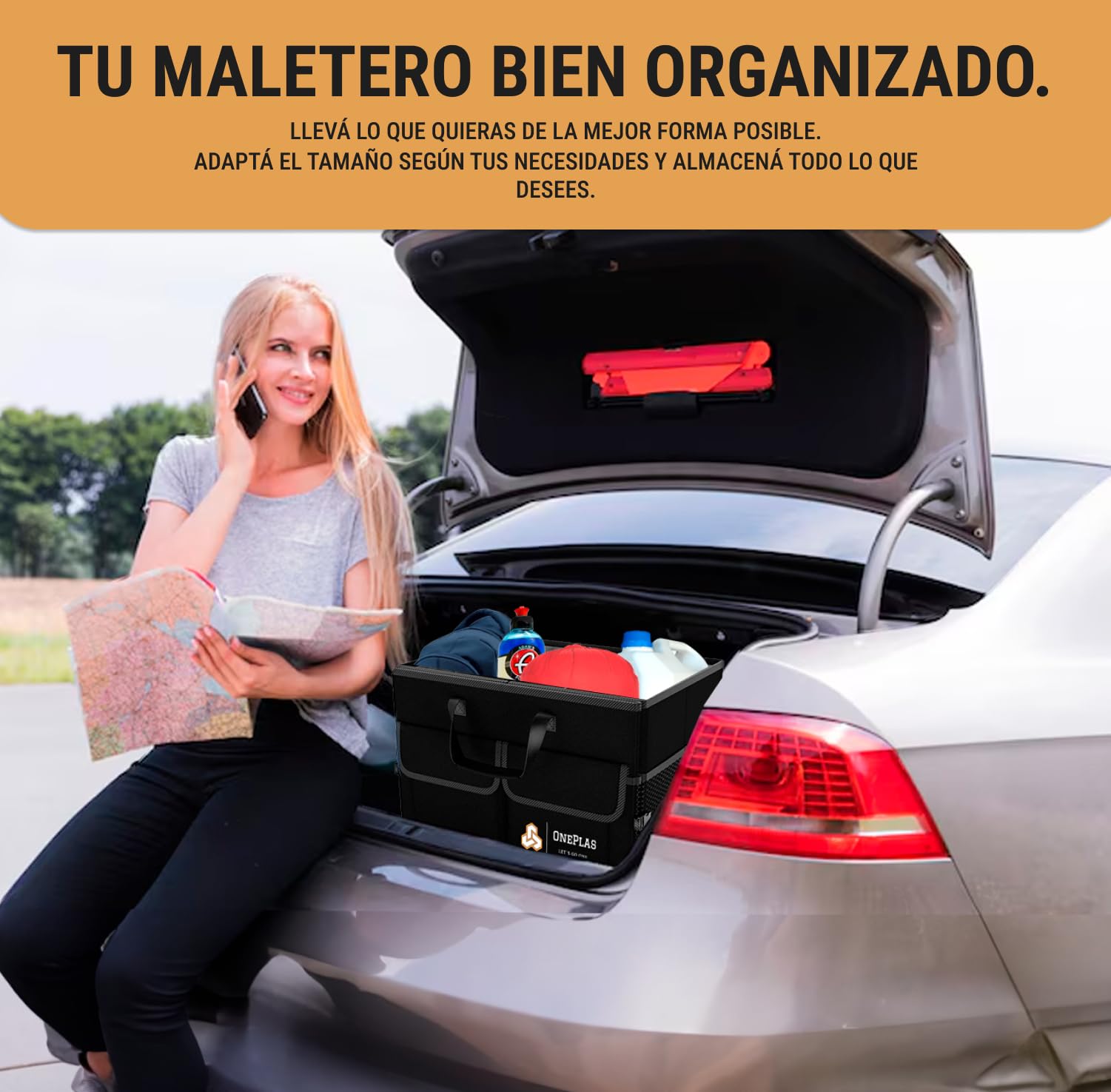 ONEPLAS Organizador de Maletero Coche y SUV - Organizador de Coche para Almacenamiento - Caja Plegable con 2 Compartimentos Grande - Base Antideslizante - Cinchas Ajustables - Tapa Extraíble (Negro)