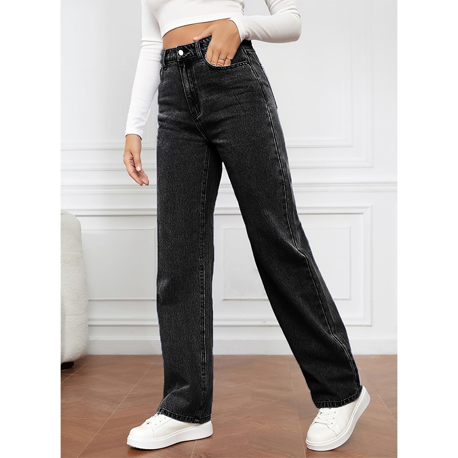Donna Jeans a Gamba Dritta a Vita Alta Pantaloni Denim Casual a Gamba Larga