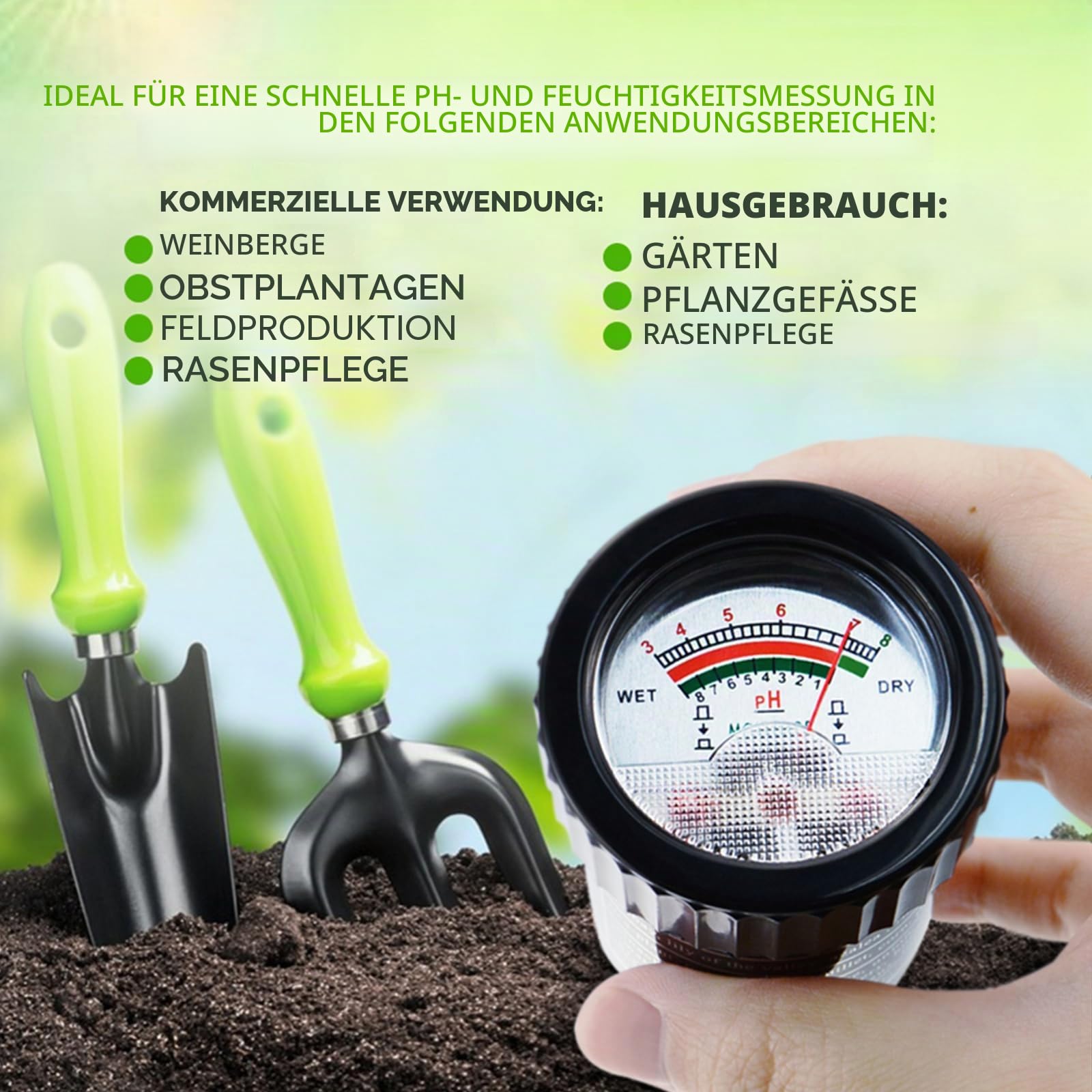 Boden pH & Feuchtigkeit Tester Meter mit 295mm Lange Elektrode Sonde, wasserdichte Soil Tester Kit Werkzeuge, für Indoor & Outdoor Gärten Pflanzen Blumen Landwirtschaft