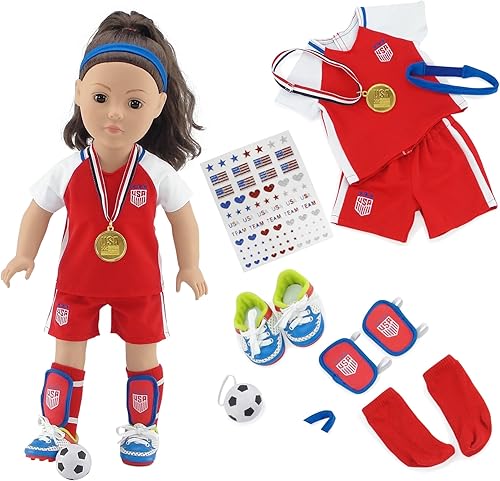 Emily Rose Ropa de muñeca de 18 pulgadas, 9 piezas, uniforme de equipo deportivo de fútbol de Estados Unidos, conjunto de accesorios de ropa