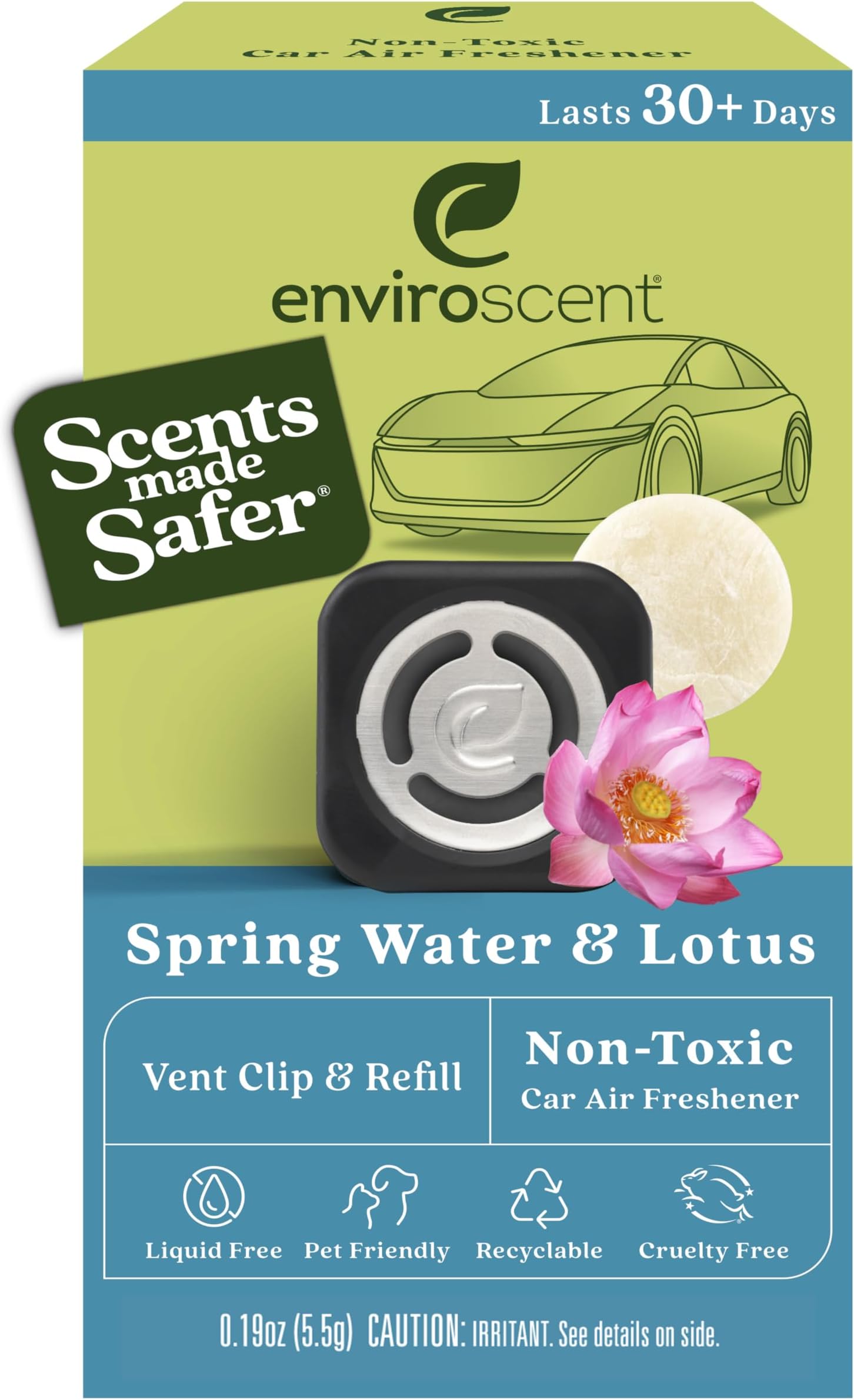 EnviroscentNon-Toxic Car Air Freshener (Spring Water & Lotus) Car Air Freshener Infused with Essential Oils | Car Scent Lasting Over 30 Days | 1 Refillable Car Vent Clip & 1 Scent Refill Kit