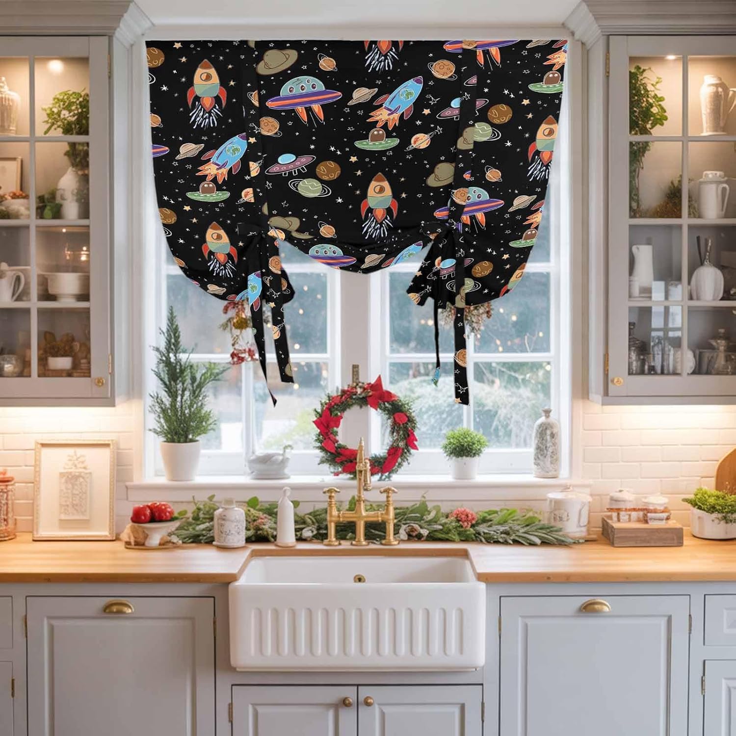 Cute Black Space Tie Up Curtains for Windows 63 Inch Length Balloon Curtains Kitchen Adjustable Balloon Window Shade Star Cartoon Spaceship Planet Tie Up Valance Bathroom Curtain Window 52"x63"