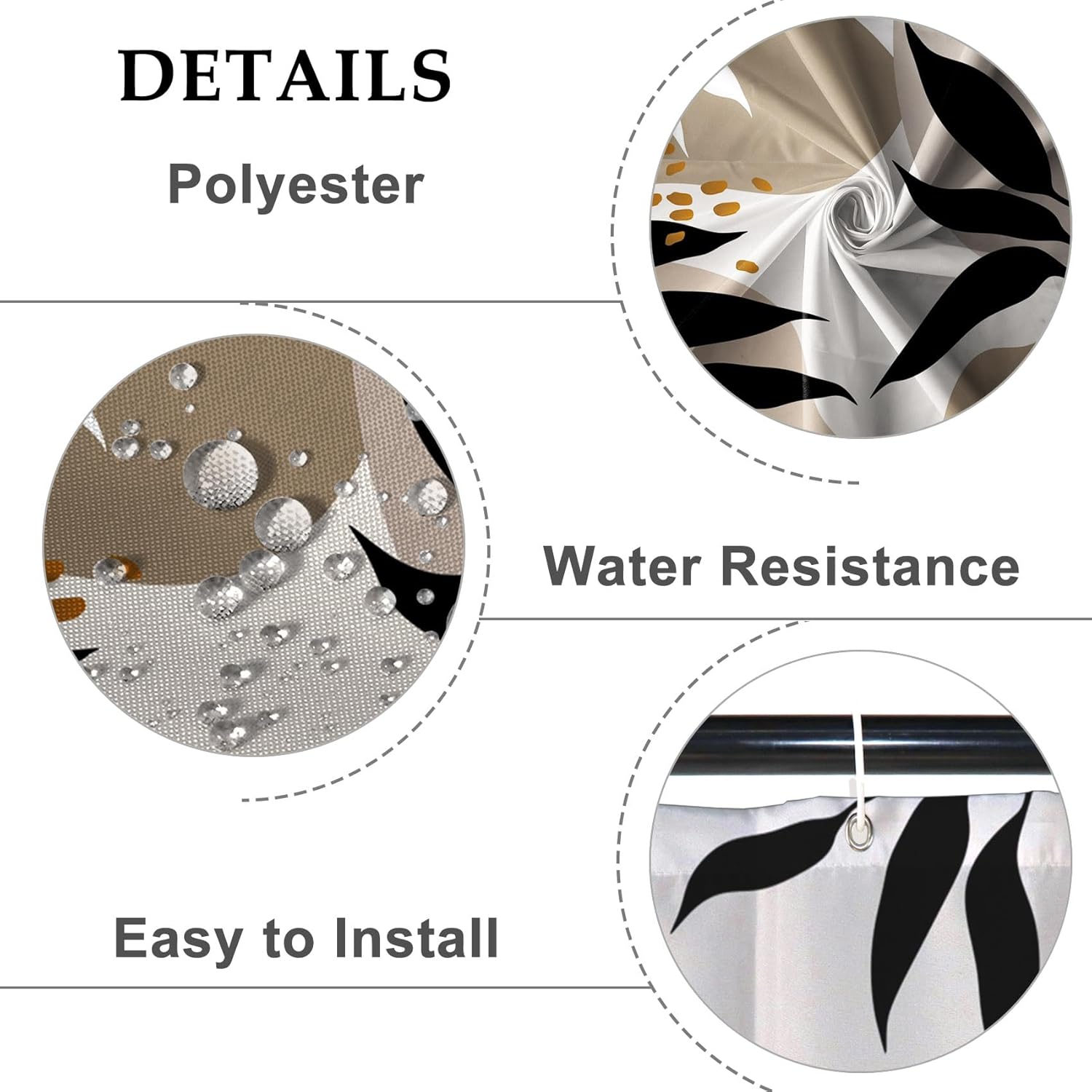 Baocicco Brown Boho Leaves Shower Curtains Waterproof Polyester Fabric 72x72 Inches with Hooks Mid Century Modern Hotel Family Shower Curtain Set Black and Tan Design Bath Accessories Art Home Decor