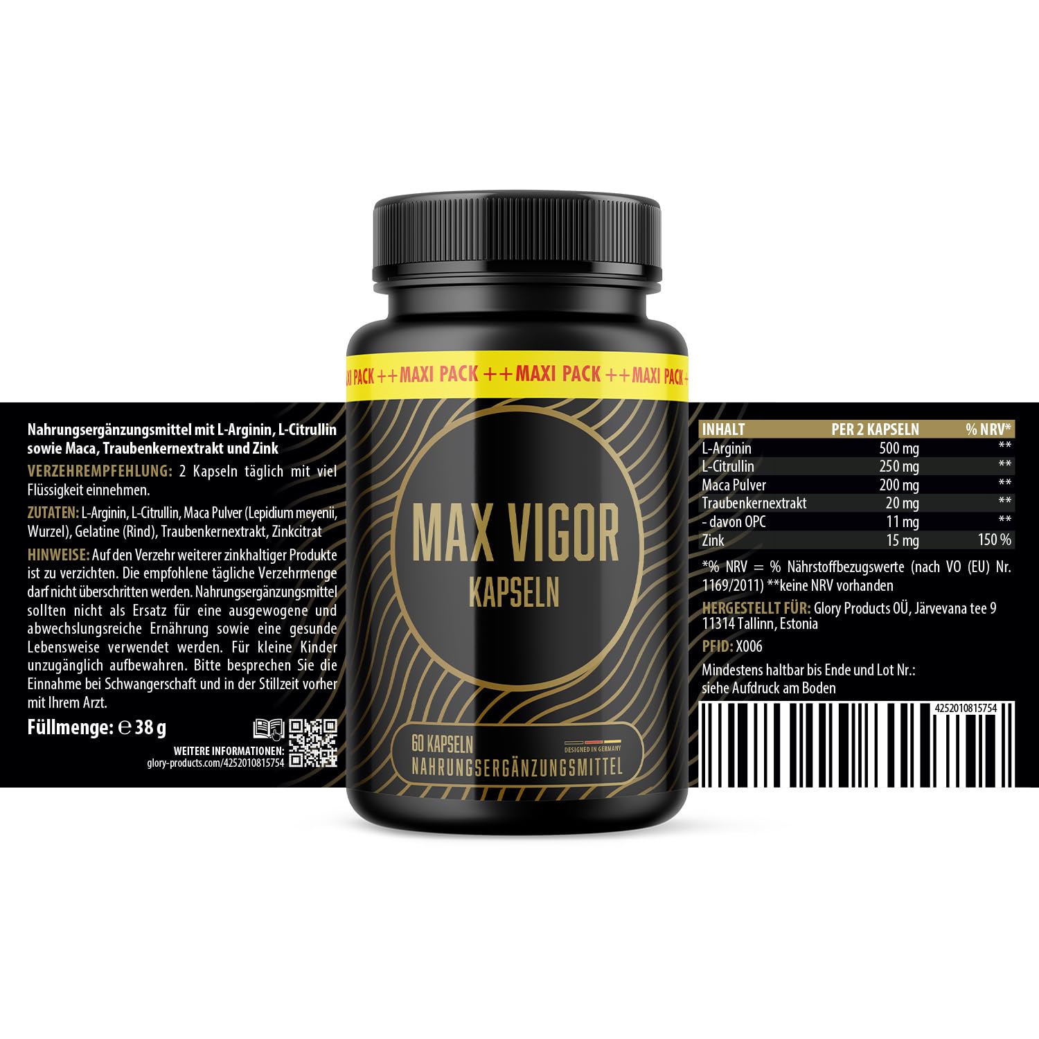 Max Vigor Kapseln - mit L-Arginin, L-Citrullin und Maca - Kraft für den aktiven Mann - Inhalt 60 Kapseln