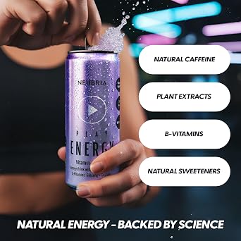 Neubria Play Natural Nootropic Energy Drink | 187mg Natural Caffeine with Guarana, Ginseng & B Vitamins | Sugar Free | Vegan | Focus & Productivity Drink | 12 x 330ml (Tropical Punch)
