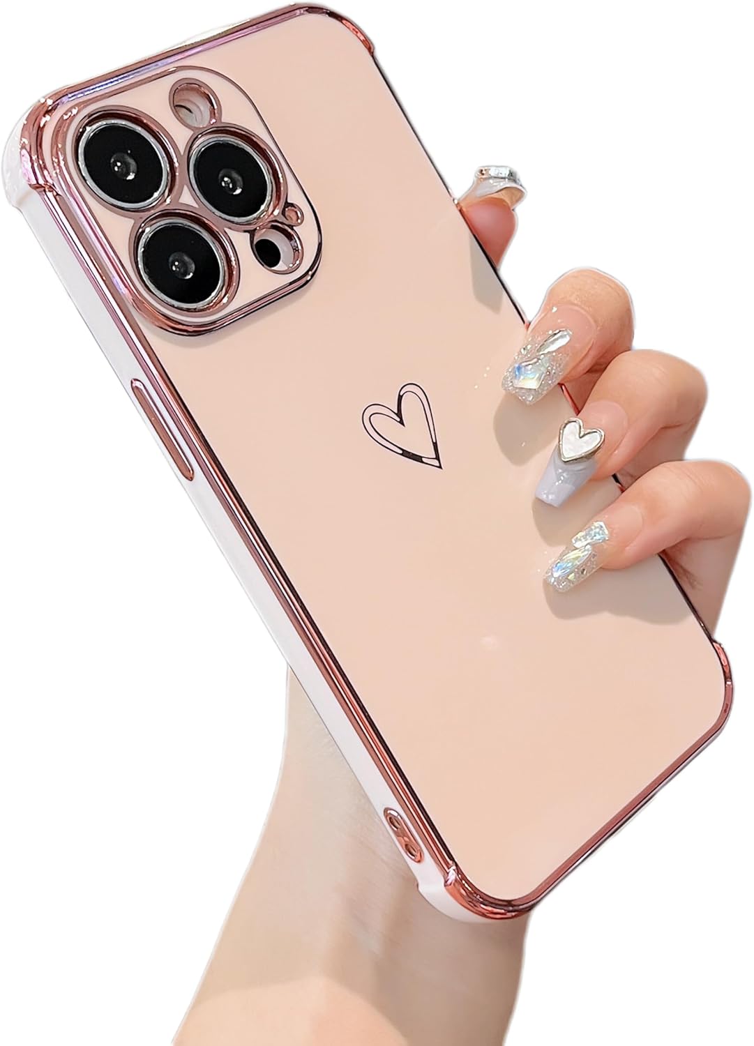 ZTOFERA Designed for iPhone 15 Pro Max 6.7 inch Case,Cute Plating Edge Love Hearts Pattern with Camera Lens Protection Phone Cover for Girls Women,Pink