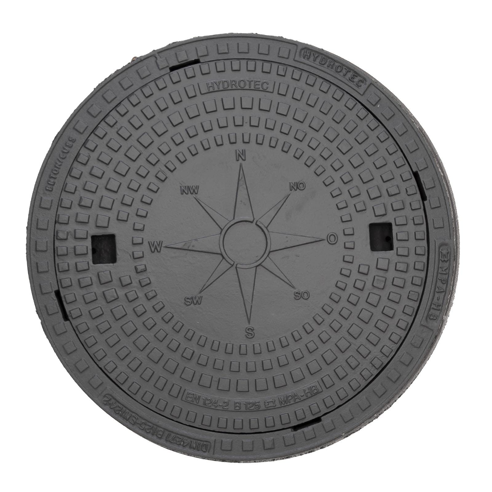 HYDROTEC Kanaldeckel Gully Kanaldeckel – Vollgussdeckel mit Beton-Guss-Rahmen, Windrose Kompass