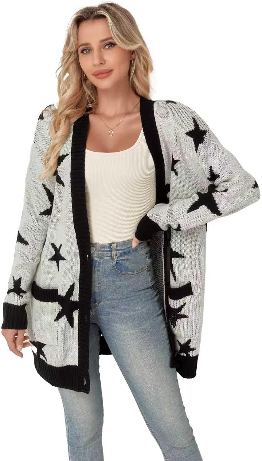 Women's Button Down Open Front Cardigan Knit Sweaters with Pockets Star Bow Print