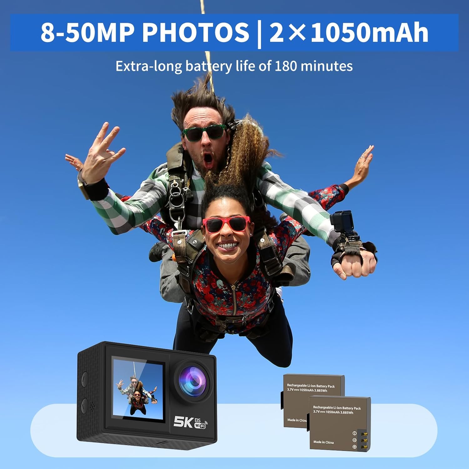 Ourlife 5K Action Camera with two 1050mAh batteries, illustrating the extra-long battery life of 180 minutes.