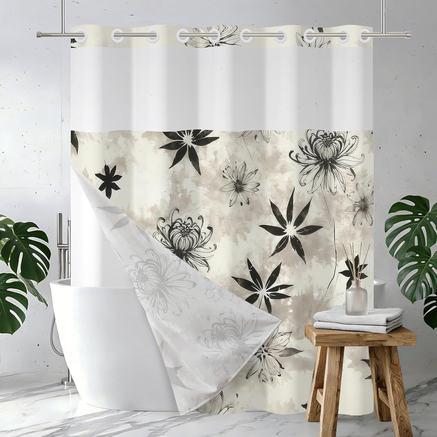 No Hook Farmhouse Shower Curtain and Liner Set 71 x 74 Inch - Black Line Floral Pattern, Waterproof Fabric Bath Curtain with Mesh Top for Minimalist Bathroom Decor