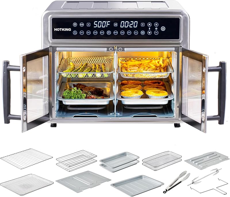 HotKing Combo de horno tostador y freidora de aire de doble zona, horno de convección XL de 28 QT | Puerta francesa, acero inoxidable no tóxico, multifunción 10 en 1, asado a 500 F, asador, deshidratación, recalentamiento, horneado, clasificación ETL