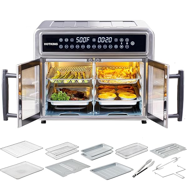 HotKing Dual-Zone Air Fryer Toaster Oven Combo, 28 QT Extra Large, Non Toxic Stainless Steel Convection Oven with French Door, Countertop Airfryer with Window, Racks, Rotisserie, Dehydrator, ETL Rated