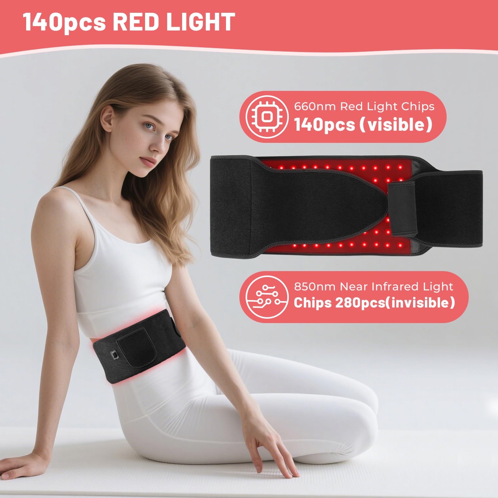 Ceinture à lumière rouge, 140 LED, ceinture lumineuse proche infrarouge, 660 nm et 850 nm avec réglages de minuterie, 5 modes d'éclairage pour le corps, les jambes, le dos, la taille, les
