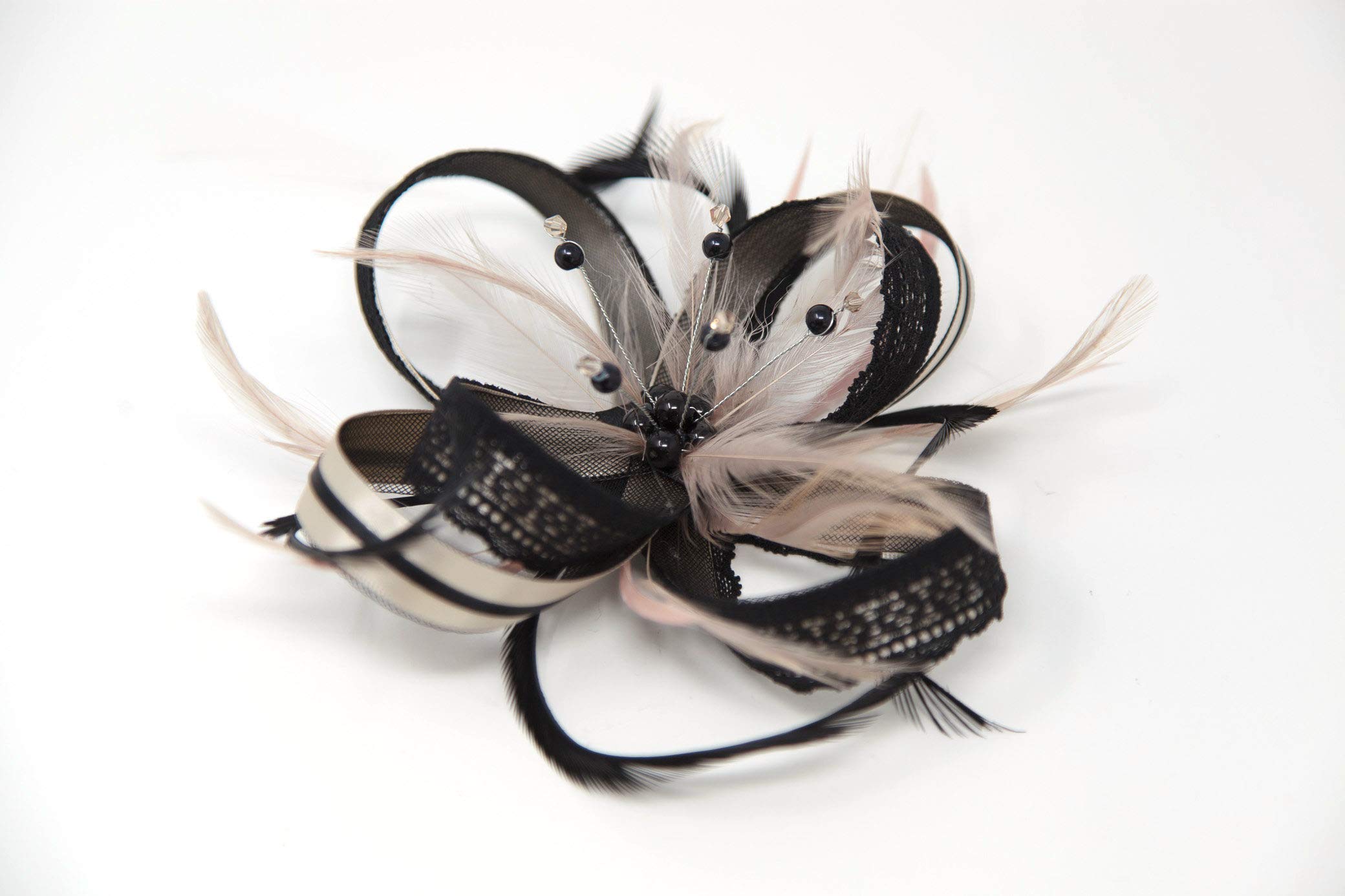 Black lace and nude fascinator with bead cluster on a comb, clip & alice band