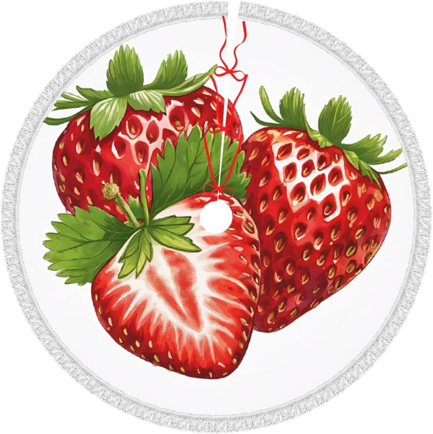 Fresh Strawberry Print Christmas Tree Skirt with Tassels Christmas Tree