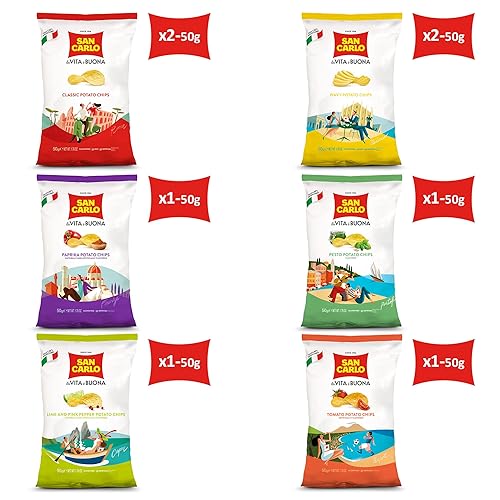Miniatura 2 de San Carlo Paquete Variado 8X 50g Multi Sabores n1 Papas Fritas Italianas  Clásicas, Onduladas, Páprika, Pesto, Lima y Pimienta Rosa, Tomate
