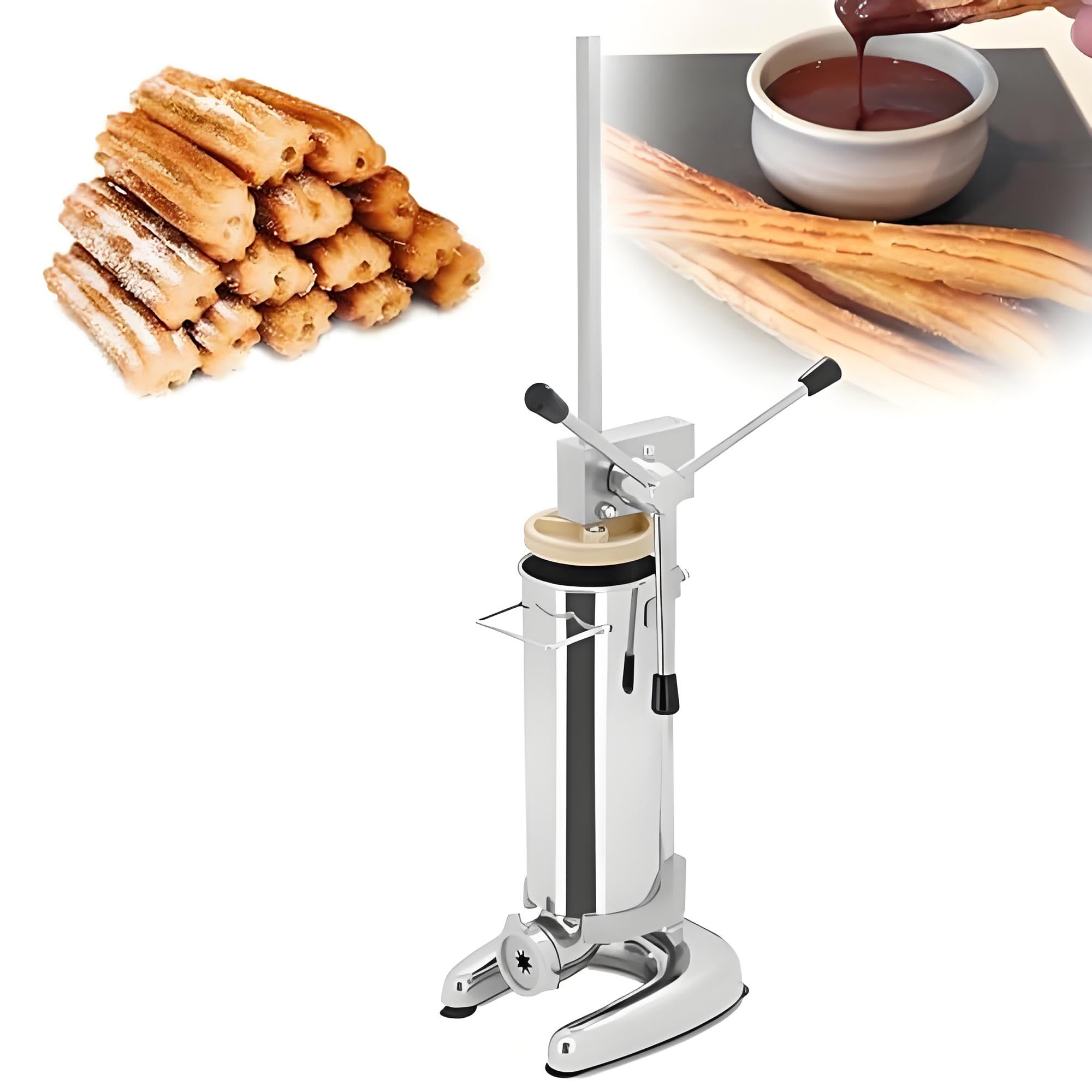 Churro comercial, máquina manual de churrera y vertical, acero inoxidable resistente, 5 boquillas, relleno desmontable para uso doméstico y comercial