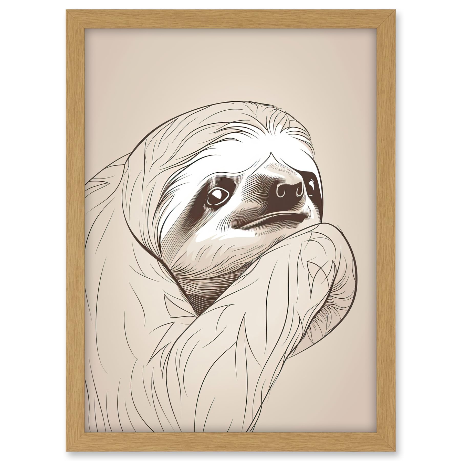 Artery8 Sloth Line Drawing Illustration with Highlights Artwork Framed A3 Wall Art Print