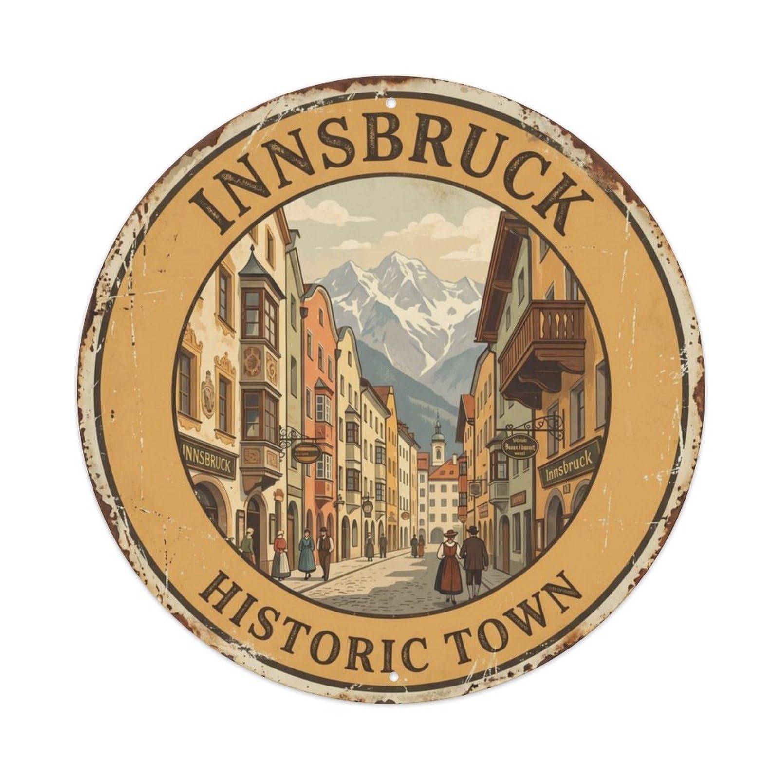 Vintage Travel Innsbruck Austria Historic Metal Tin Sign Plaque Wall Decor for Cafe, Club, Garden Round Metal Poster 8x8Inch