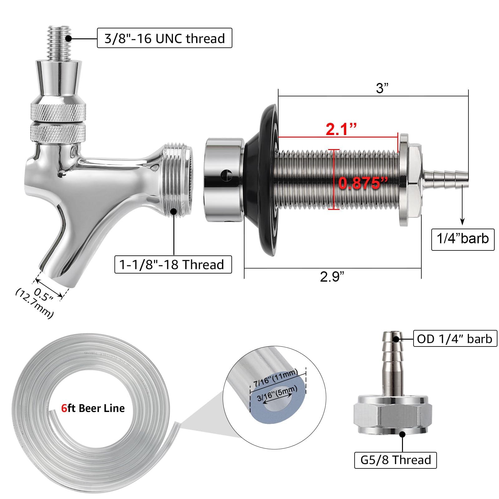 Kegerator Ersatzteil-Set – Selbstschließender Bierhahn, 1,5m Schlauch, Für Biertürme