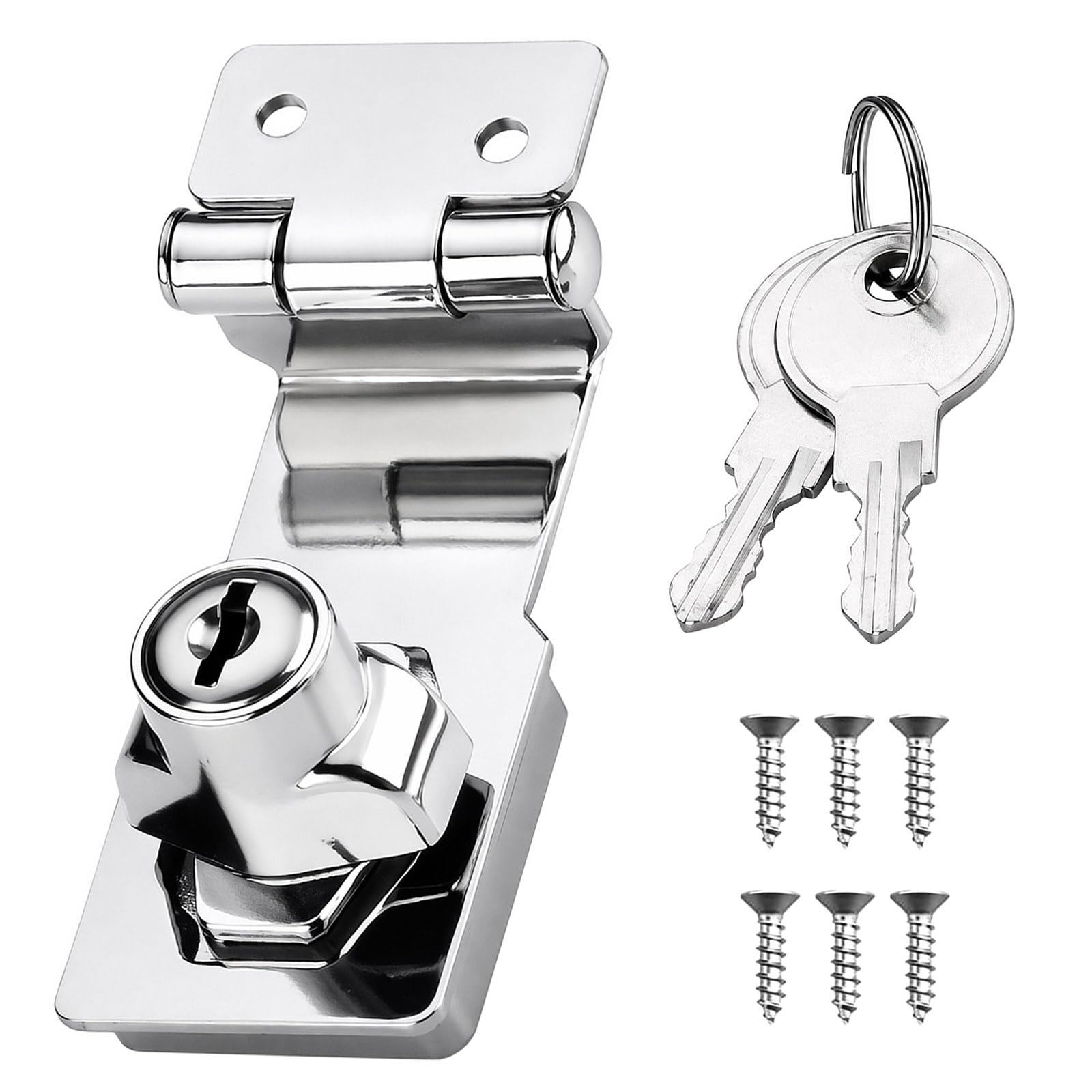 Keyed Hasp Lock Right Angle 90 Degrees 3 Inch Hasp and Staple with Padlock Silver Door Latch Hasp Twist Knob Shed Door Locks Zinc Alloy Keyed Locking Hasp with Key for Bedroom Cupboard Gate