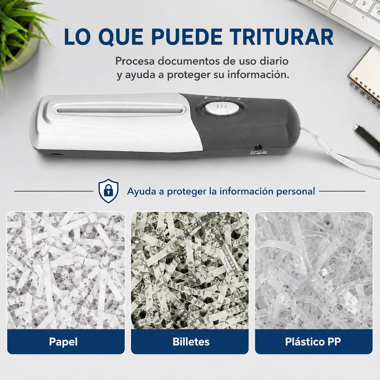 Trituradora de Papel Eléctrica Portátil Mini USB, Destructora eléctrica de Documentos y Papel para Oficina, Escuela y Casa, 4mm