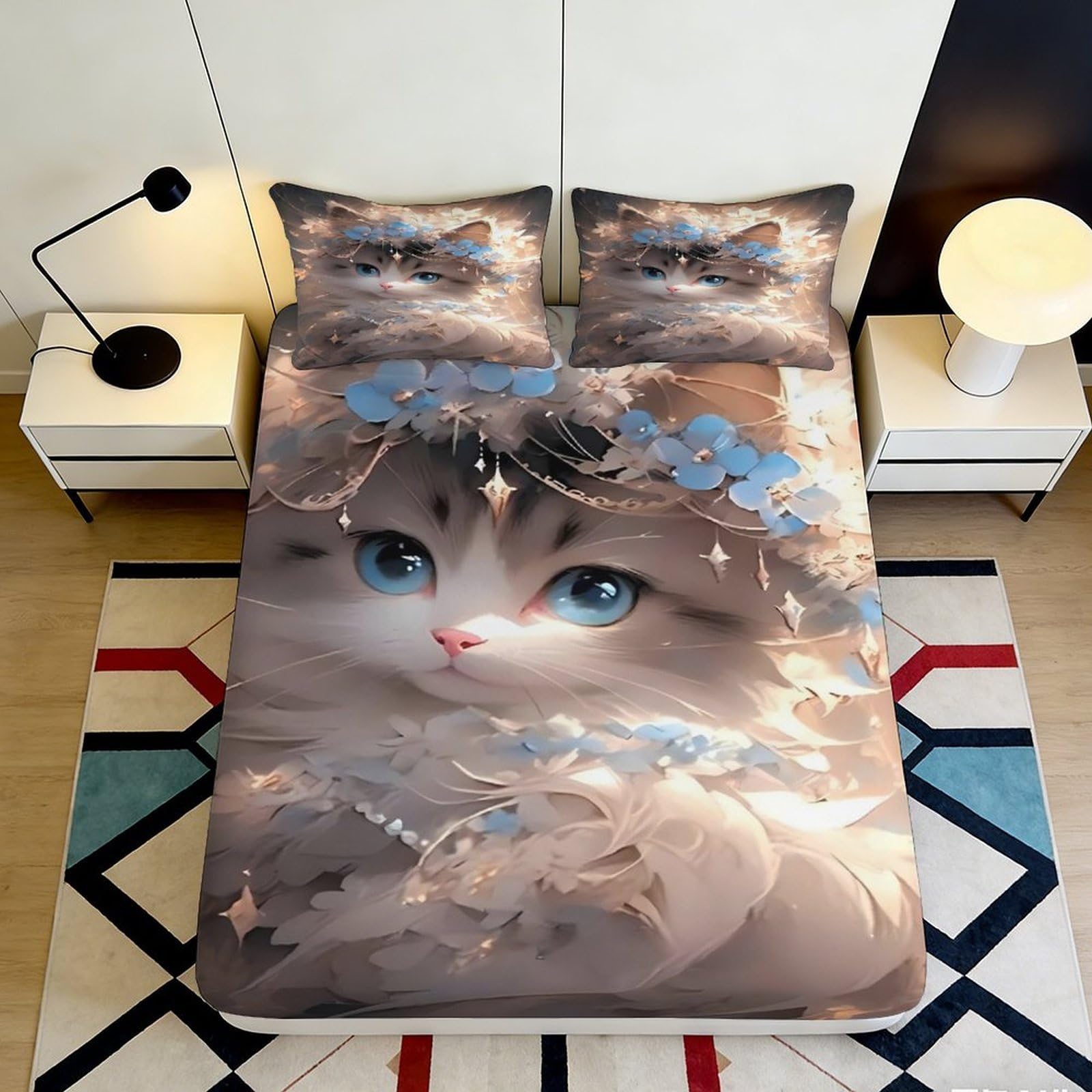 Decorative Cat Pattern Fitted Sheet 3D Printed Microfiber, Soft Touch, Bed Cover for Bedroom or Guest Room, Easy Care, Apartment Bedding, 140x200x25cm