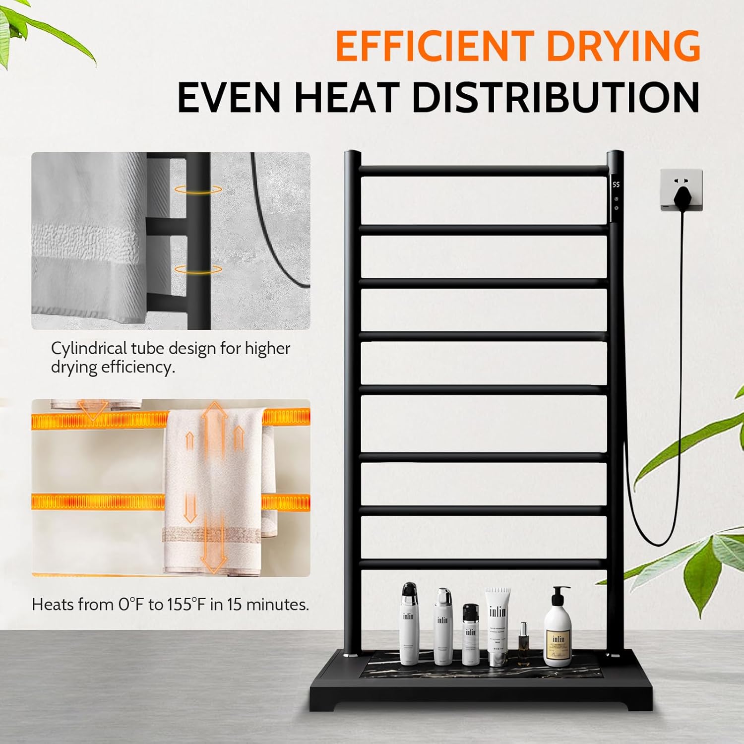 Heated Towel Racks for Bathroom,Smart 8-Bar Towel Warmer with Digital Touchscreen- Marble Base, Adjustable 115-155°F & 1-8H Timer, Freestanding Bathroom Heater for Spa Luxury,Black