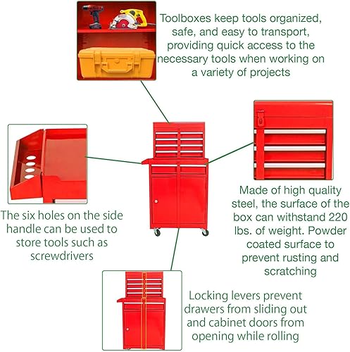 Miniatura 10 de Cofre de herramientas desmontable con ruedas, armario de almacenamiento de herramientas de 5 cajones para garaje de taller, organizador 2 en 1 con