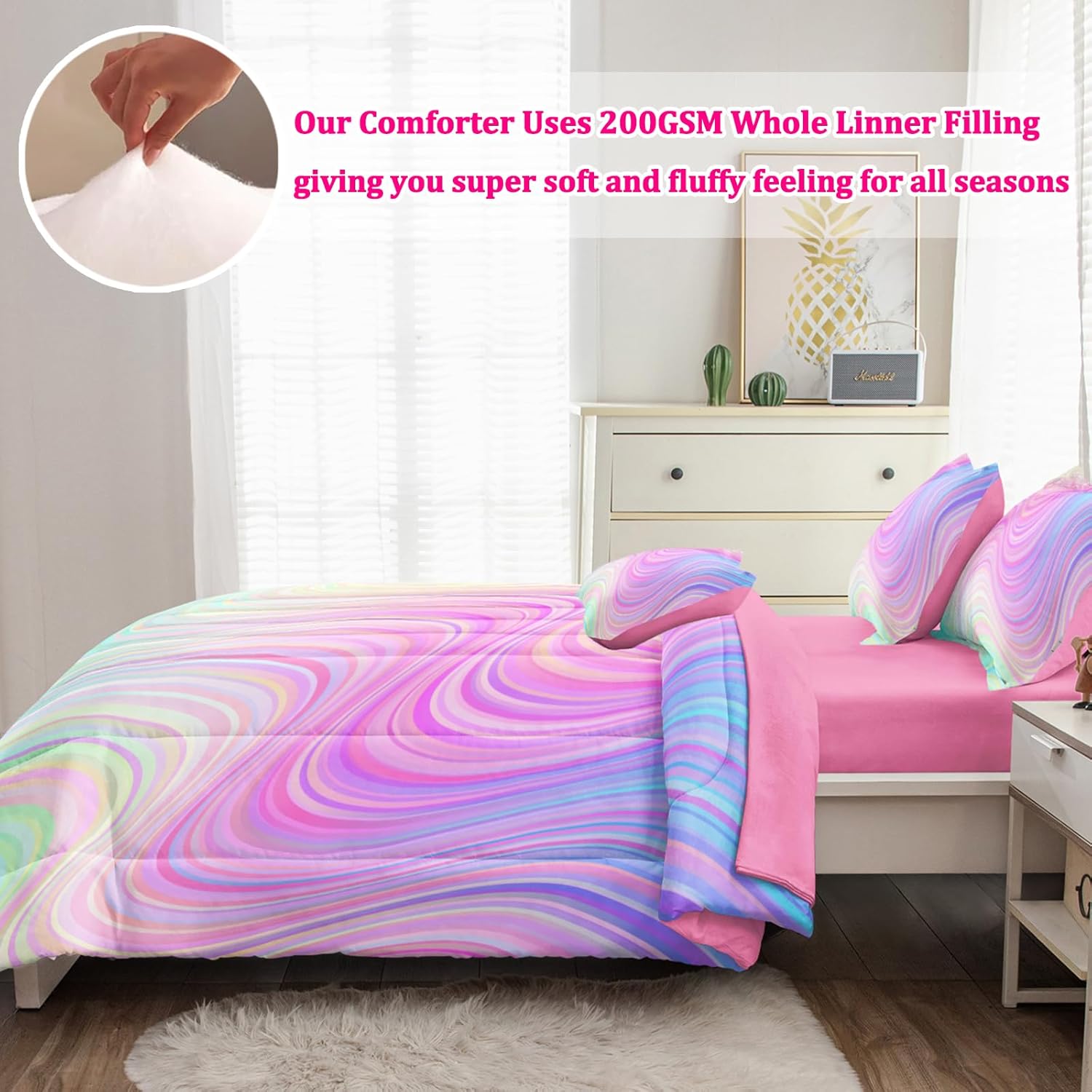 4 Pcs Twin Comforter Set, Colorful Gradient Girls Bedding Sets, Pink Tie Dye Rainbow Comforter Set
